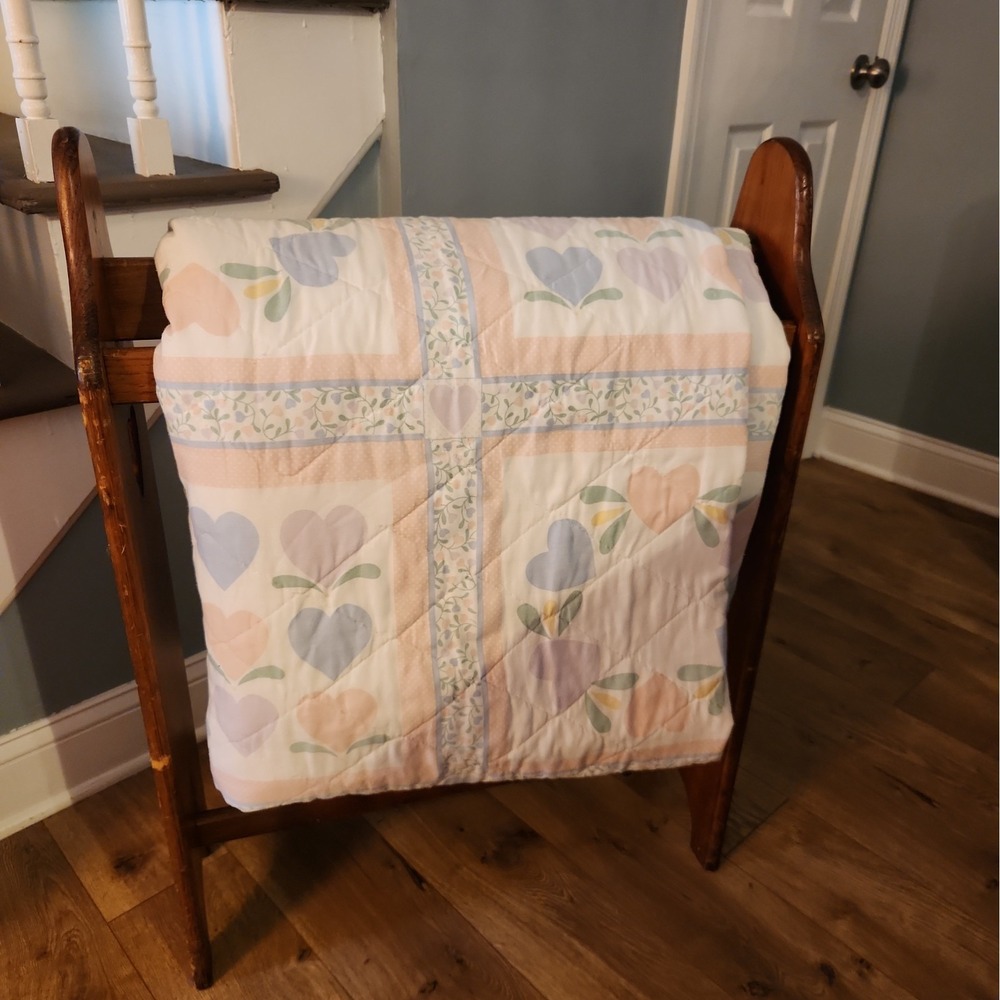 Patchwork Grandma Country Cottage Farmhouse Quilt Coverlet Hearts Queen Pink VTG